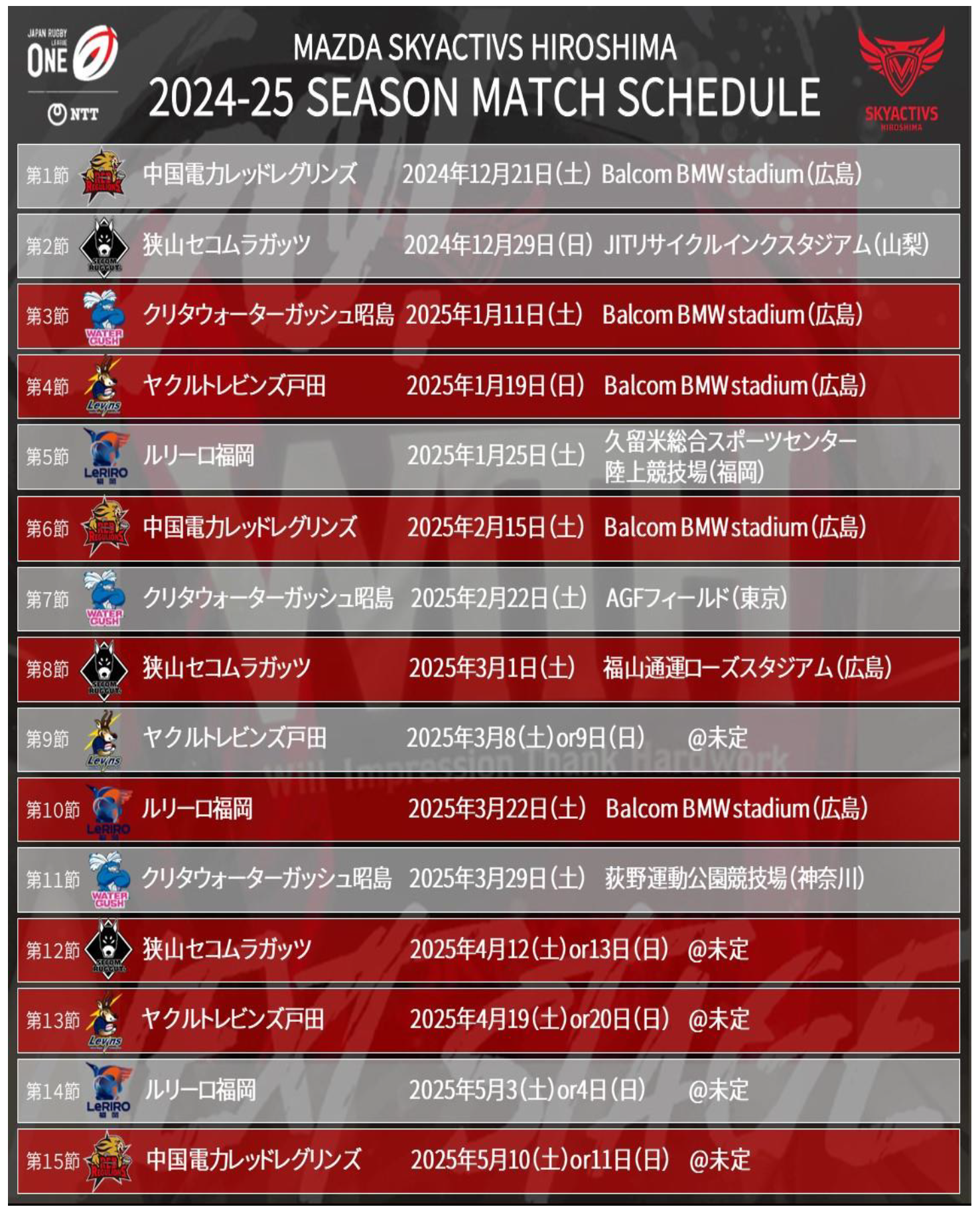 JAPAN RUGBY LEAGUE ONE2024-25シーズン 試合日程のお知らせ 画像