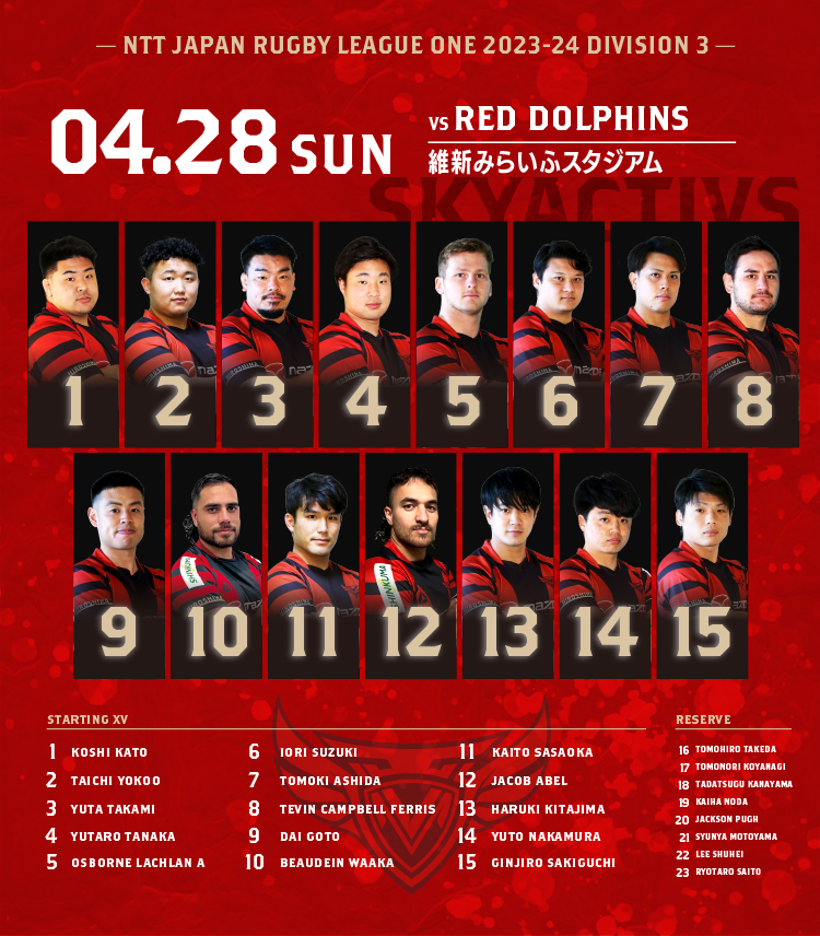 【メンバー発表】　vs日野レッドドルフィンズ 画像