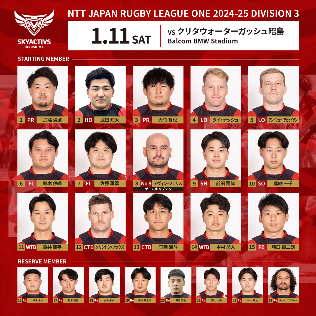 【メンバー発表】vsクリタウォーターガッシュ昭島 画像